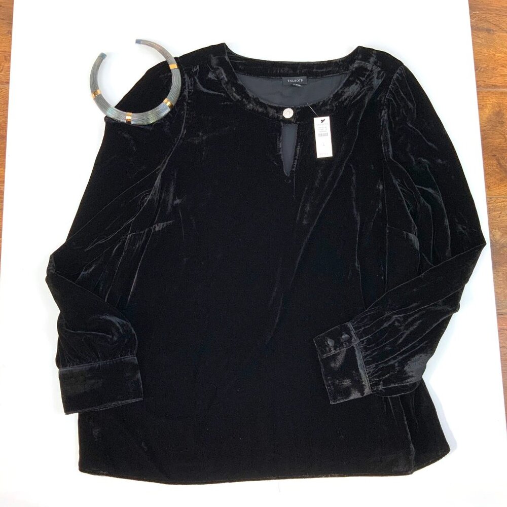 New Talbots Black Velvet Long-Sleeve Top Rhinestone Embellished  Sz L